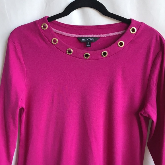 Ellen Tracy hot pink scoop neck top with gold grommets at neckline, size L - Picture 3 of 9